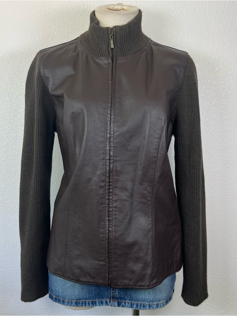 Women’s Dark Brown Leather & Knit Zip-Front Jacket